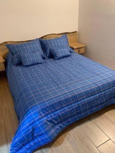 a bed with a blue plaid comforter in a bedroom at Maravilloso chalet en la zona colonial (303) in Zipaquirá
