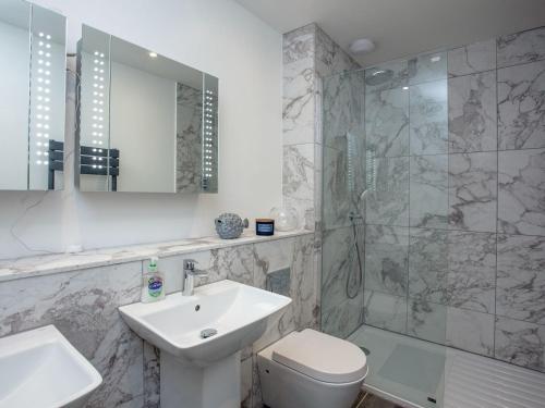 a bathroom with a sink and a toilet and a shower at Bullens Rock in Ilfracombe
