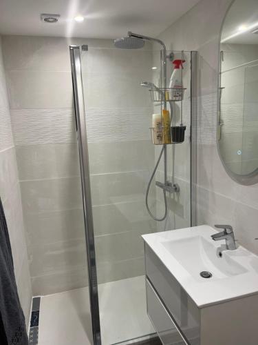 La salle de bains est pourvue d'une douche et d'un lavabo. dans l'établissement Studio à proximité de Laval, à Soulgé-sur-ouette