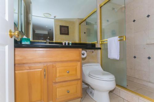 a bathroom with a toilet and a sink and a shower at Ilikai Tower 1918 Lagoon View 1BR in Honolulu