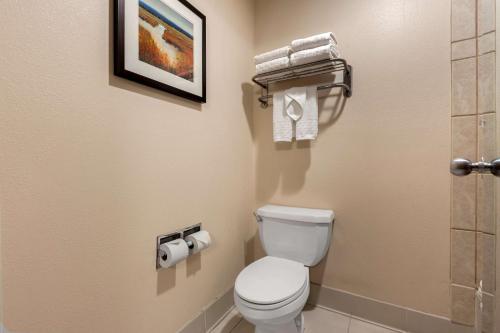 a bathroom with a toilet and a shower with towels at Best Western Plus Olympic Inn in Klamath Falls