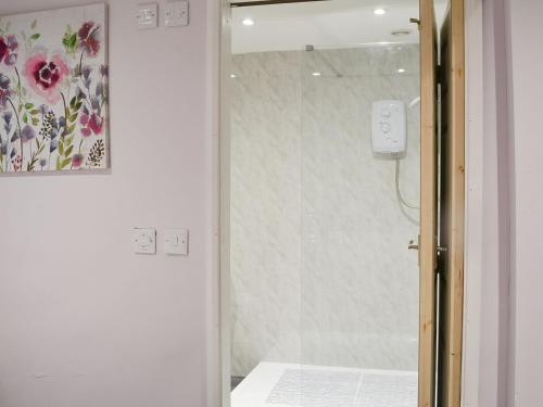 La salle de bains est pourvue d'une douche avec une porte en verre. dans l'établissement Just Janes Hangout, à Miningsby