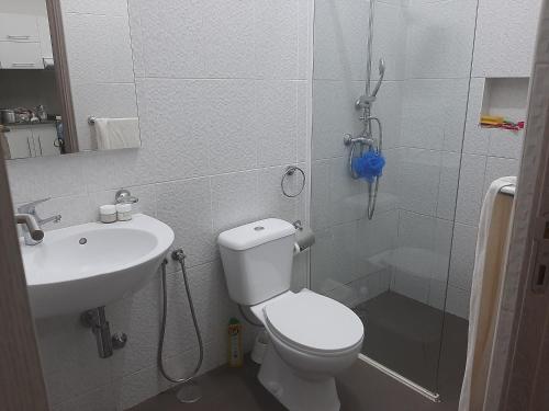 a bathroom with a shower and a toilet and a sink at Núria's Apartment in Mindelo