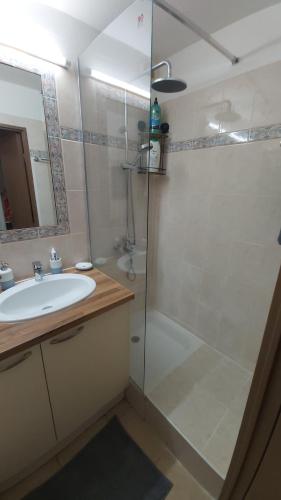 W łazience znajduje się szklana kabina prysznicowa i umywalka. w obiekcie Appartement 2 pièces Nice w Nicei