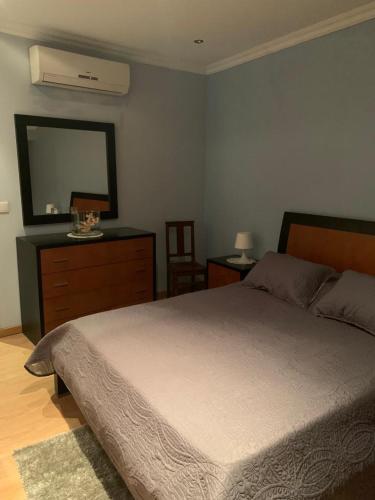 a bedroom with a bed and a dresser with a mirror at Casa do Soto in Milhão