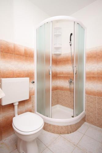 a bathroom with a toilet and a glass shower at Apartments by the sea Cove Mala Pogorila, Hvar - 8952 in Bogomolje