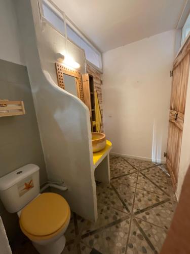 a bathroom with a toilet and a sink at BUNGALOWS LES VAGUES ABONDES in Sainte-Anne
