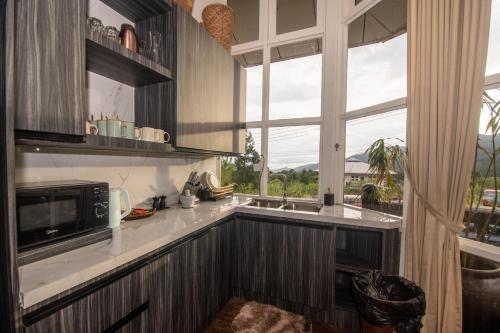 une cuisine avec évier et four micro-ondes ainsi qu'une fenêtre dans l'établissement Sweeping Mountain View Retreat at La Cantane Villa, à Kampong Kundassan