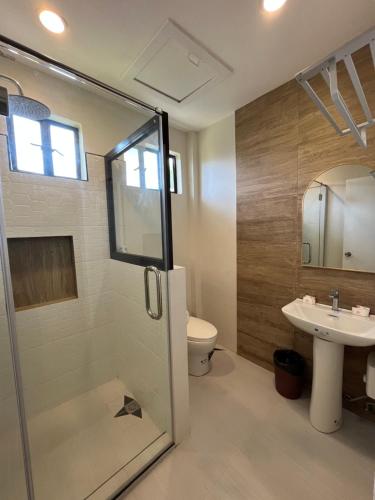 ein Bad mit einer Dusche, einem WC und einem Waschbecken in der Unterkunft Red Knight Gardens in Davao City