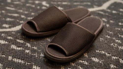 a pair of brown sandals sitting on a rug at JR-East Hotel Mets Tsudanuma in Narashino