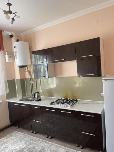 a kitchen with a sink and a stove in it at Mondial apartments in Shymkent