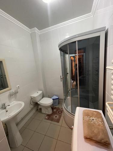 a bathroom with a toilet and a shower and a sink at Mondial apartments in Shymkent
