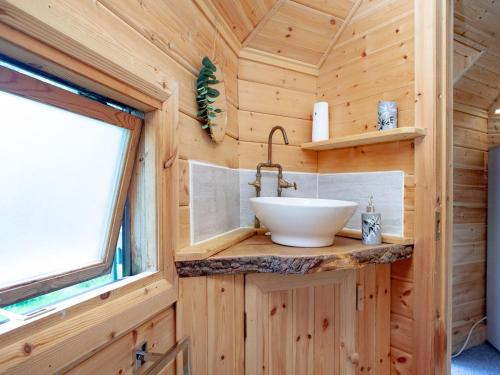 a bathroom with a sink in a wooden cabin at Coot Roundhouse - Uk33890 in Cullompton