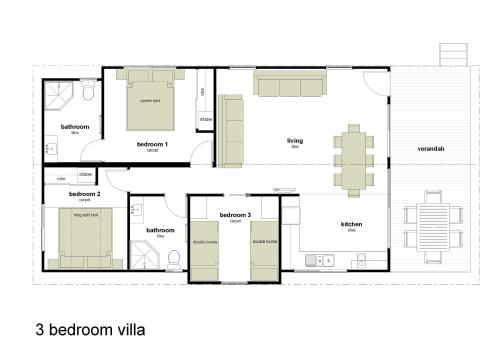 a floor plan of a bedroom villa at Alivio Tourist Park Canberra in Canberra