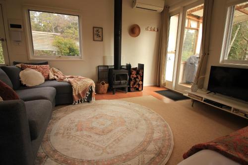 a living room with a couch and a television at Stoney Creek Cottage in Trentham
