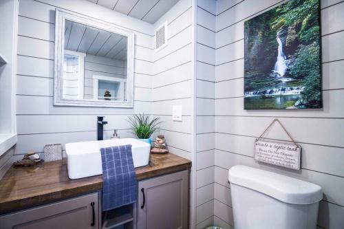 y baño con lavabo y aseo. en Delightful tiny home conveniently located en Apple Valley