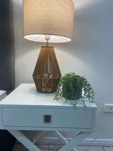 a table with a lamp and a plant on it at Lakeside Central Apartment in Townsville