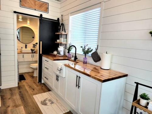 a bathroom with a sink and a toilet in it at NEW Nook Tiny Home with Deck Firepit Skylights in Apple Valley