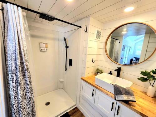 a bathroom with a sink and a mirror at NEW Nook Tiny Home with Deck Firepit Skylights in Apple Valley