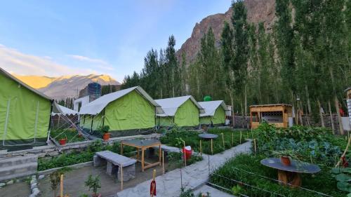 a group of green tents in a garden at BORDER CAFE AND CAMPS TURTUK BY TRAVELCULTS in Turtok