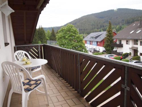 d'un balcon avec une table et des chaises et une vue. dans l'établissement FeWo Cheny in Titisee, à Titisee-Neustadt