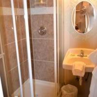 a bathroom with a shower and a sink at Sheldon Street Lodge in Prescott