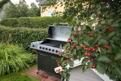 a barbecue grill sitting on a deck in a garden at Käytännöllinen huoneisto Pietarsaaressa in Pietarsaari
