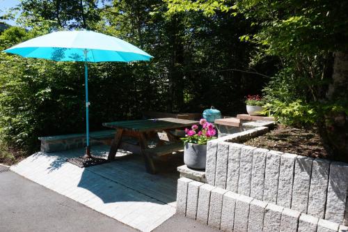 a picnic table with a blue umbrella and flowers at le 18 bis in Vecoux