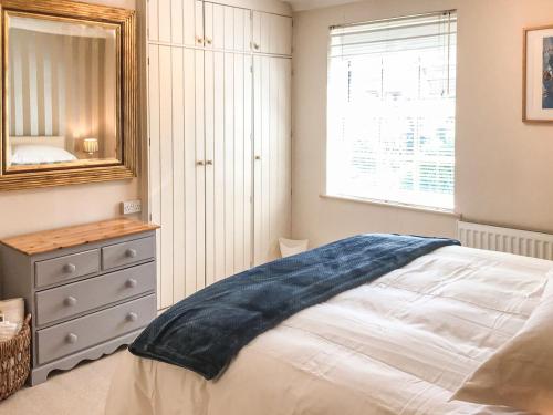 a bedroom with a bed and a dresser and a mirror at Tansey Cottage in Hartlebury