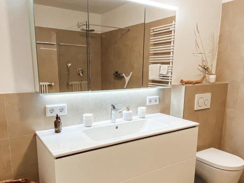 La salle de bains est pourvue d'un lavabo, de toilettes et d'un miroir. dans l'établissement Ferienwohnung Findling, à Île de Reichenau