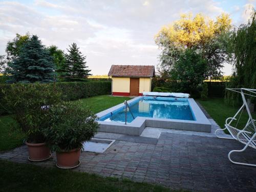 a swimming pool in a yard with a dog house at Tóbiás Tanya Vendégház in Hódmezővásárhely