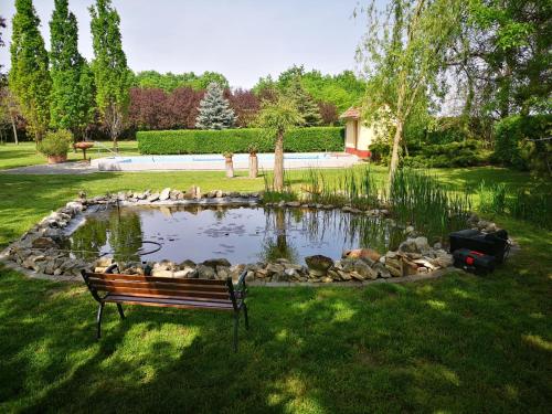 a park bench in front of a pond with ducks at Tóbiás Tanya Vendégház in Hódmezővásárhely
