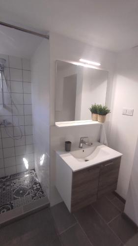 La salle de bains est pourvue d'un lavabo blanc et d'un miroir. dans l'établissement Apartment Loparina, à Nerezine