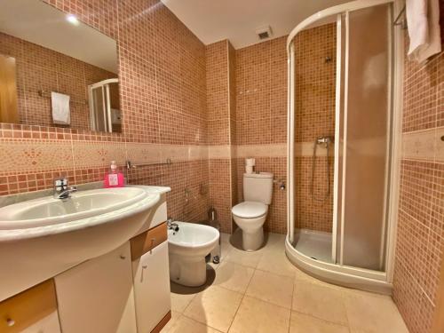 ein Bad mit einem Waschbecken, einem WC und einer Dusche in der Unterkunft Pleta de Soldeu 226 hasta 4 personas. in Canillo
