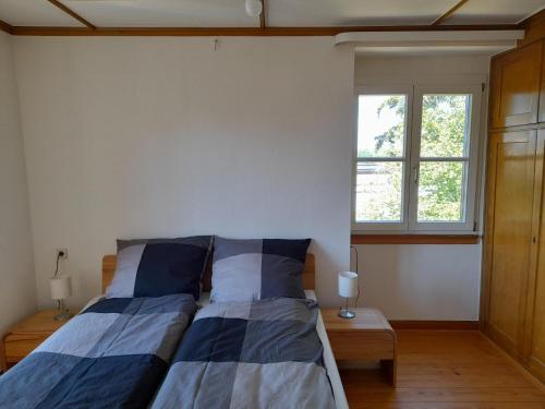 a bedroom with a bed and two windows at Unterm Tulpenbaum in Müllheim