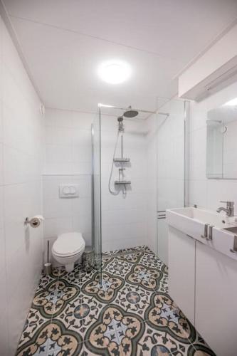 a bathroom with a toilet and a sink at 't Winkeltje - Vakantiehuisje op boerderij Huize Blokland in Hem