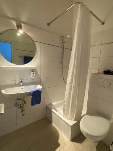 a bathroom with a toilet and a sink and a shower at Hotel Villa im Steinbusch in Malente