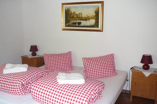 a room with two beds with red and white checks at Gästehaus Schäfli in Intschi