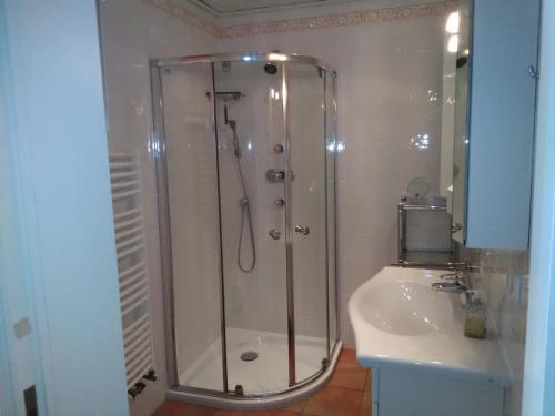 a bathroom with a shower and a sink at Seeperle 1, Ferienhaus am Leuchtturm mit traumhaftem Garten in Ording