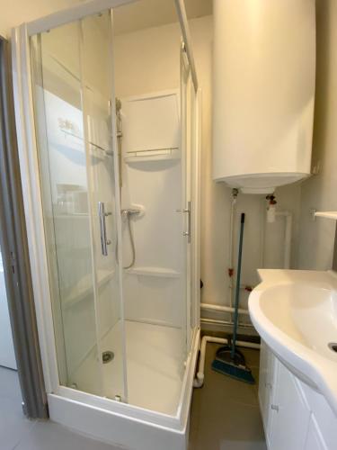 La salle de bains est pourvue d'une douche en verre et d'un lavabo. dans l'établissement Bienvenue dans le centre ville d’Amiens, à Amiens