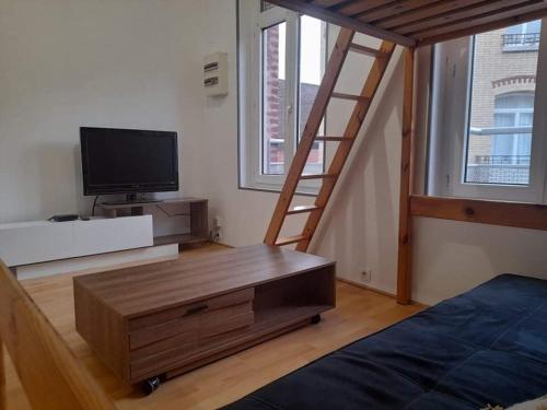 a bedroom with a loft bed with a television and a ladder at Bienvenue dans le centre ville d’Amiens in Amiens