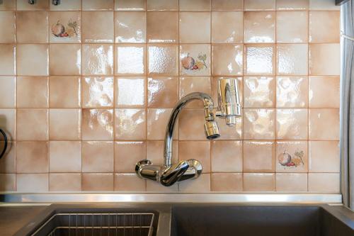 a kitchen sink with a faucet on a tiled wall at Alex house in Varkiza