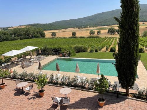 uma piscina com mesas e guarda-sóis num campo em IL COLOMBAIO WINERY & Rooms em Monteriggioni