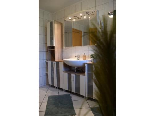 a bathroom with a sink and a mirror at Ferienwohnung am Hof in Zwiefalten