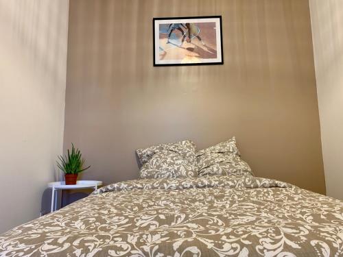 a bedroom with a bed with a picture on the wall at Superbe appartement avec parking gratuit sur place in Saint-Denis