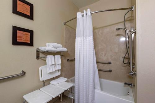 a bathroom with a shower with a shower curtain at Comfort Inn & Suites Waterloo – Cedar Falls in Waterloo