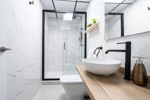 a bathroom with a sink and a toilet and a shower at Apartamento Mani en Avenida España con terraza in Albacete