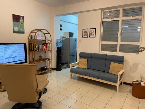 a living room with a couch and a television at Private Apartment, City Centre, Port Louis in Port Louis