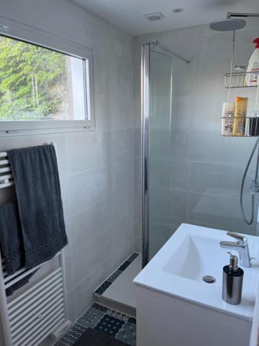 a white bathroom with a sink and a shower at Studio à proximité de Laval in Soulgé-sur-ouette