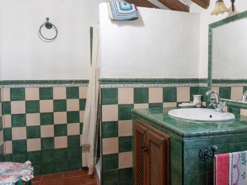 a green bathroom with a sink and a shower at Casa Rural Huerta la Lapa in Cañete la Real